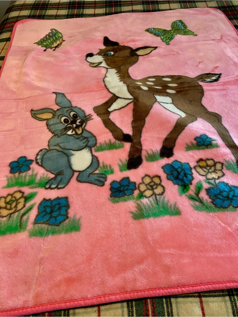 Vintage Solaron Bambi Blanket Pink Plush Mink Fleece Fawn & Bunny Thumper